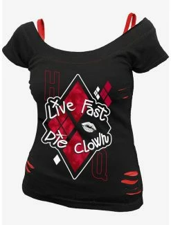 Wholesale 🧨 DC Comics The Suicide Squad Harley Quinn Die Clown 2 In 1 Distressed Top ❤️