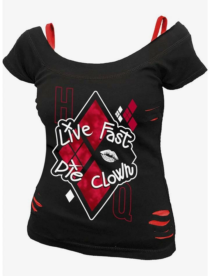 Wholesale ๐งจ DC Comics The Suicide Squad Harley Quinn Die Clown 2 In 1 Distressed Top โค๏ธ 3 Wholesale ๐งจ DC Comics The Suicide Squad Harley Quinn Die Clown 2 In 1 Distressed Top โค๏ธ