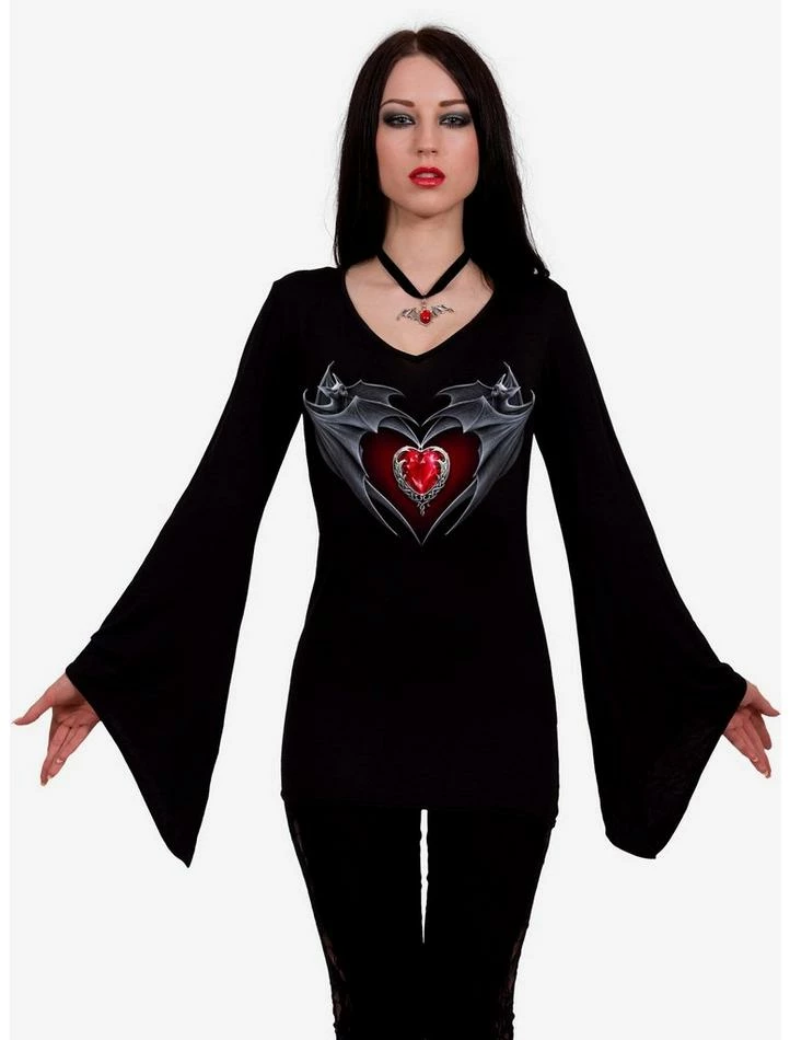Brand new ๐ Bat's Heart V Neck Goth Long Sleeve Top Black ๐คฉ 4 Brand new ๐ Bat's Heart V Neck Goth Long Sleeve Top Black ๐คฉ - Image 2